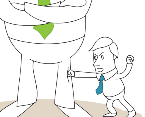 Vergleich in Cartoon Form von David und Goliath im Bezug auf Führungskräfte